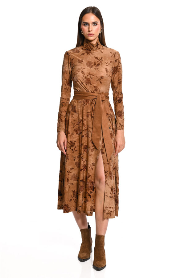 Floral midi φόρεμα με ζώνη ταμπά