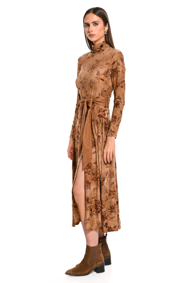 Floral midi φόρεμα με ζώνη ταμπά - 2